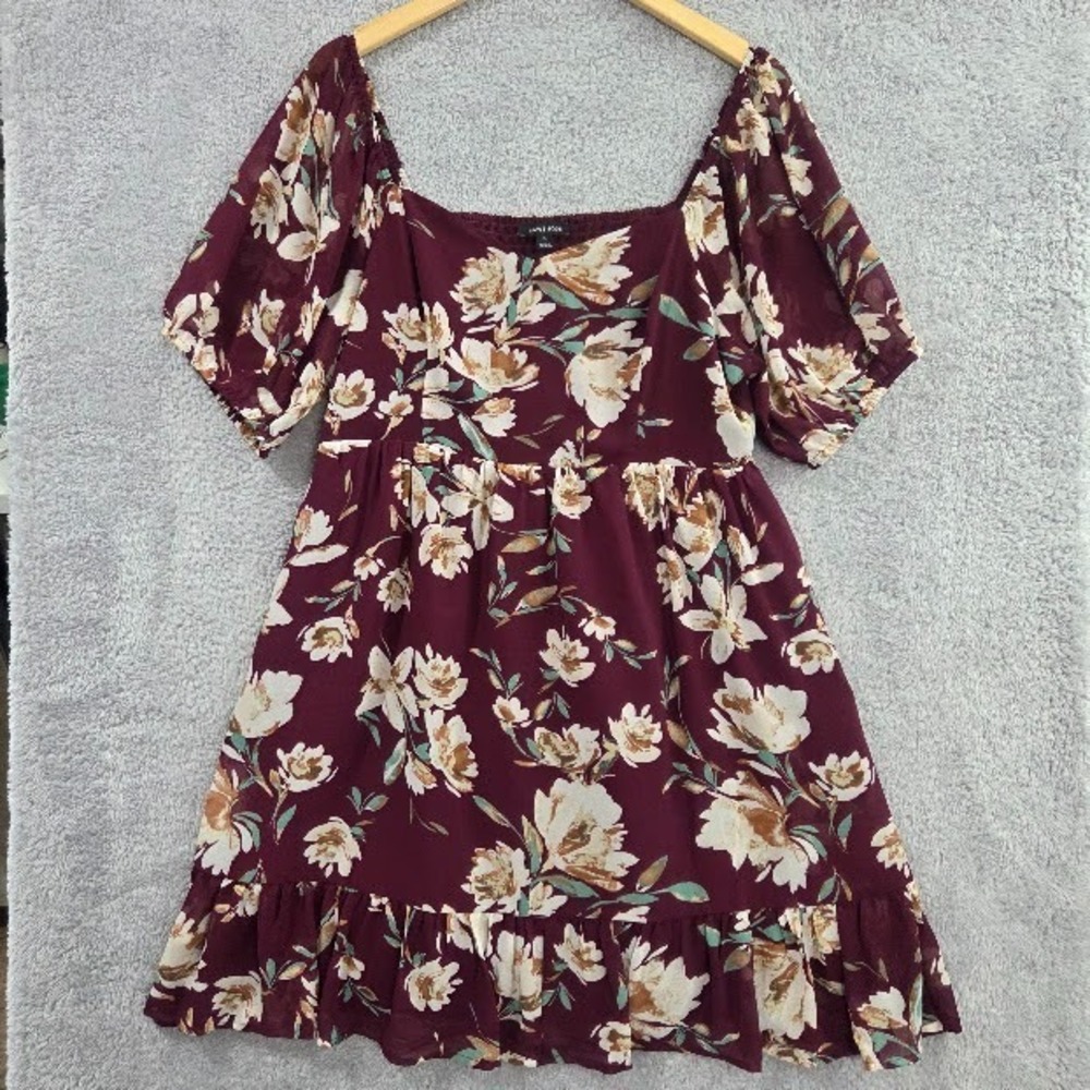 41 Hawthorn Floral Mini Dress Womens XL Burgundy Puff Sleeve Smocked Back Pocket